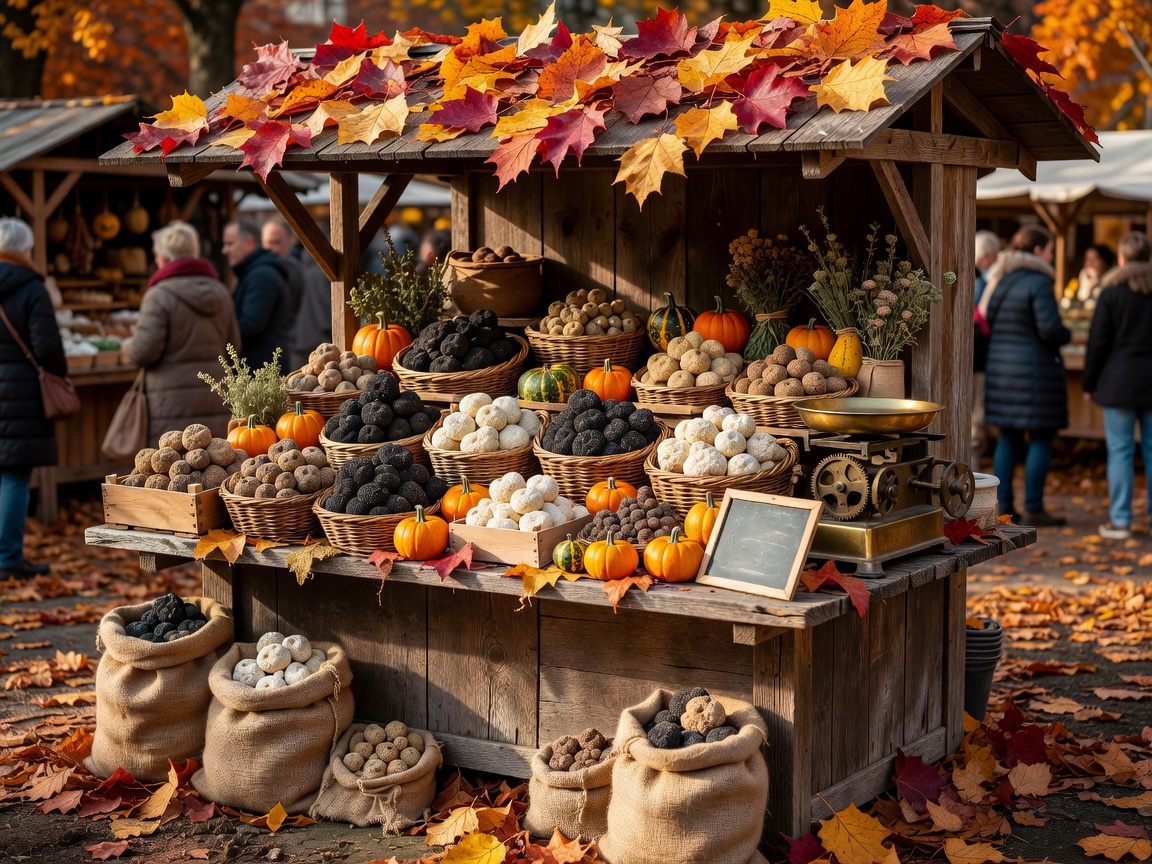 Autumn market stall displaying seasonal truffles