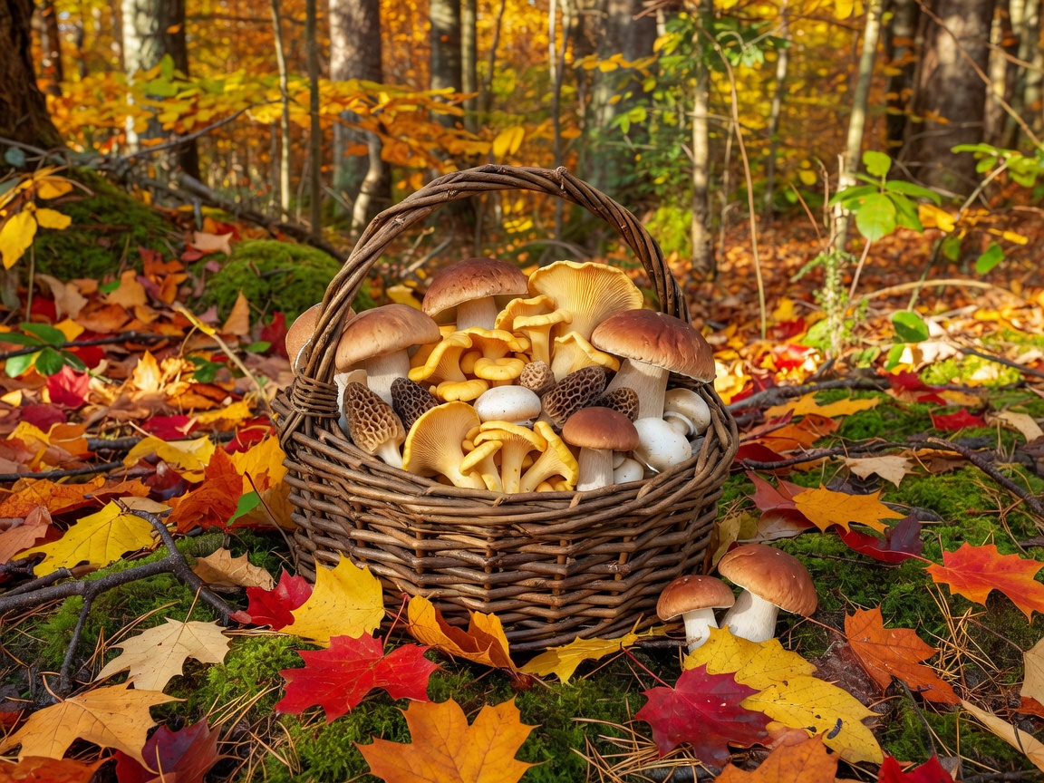 Basket of edible mushrooms gathered in an autumn forest
