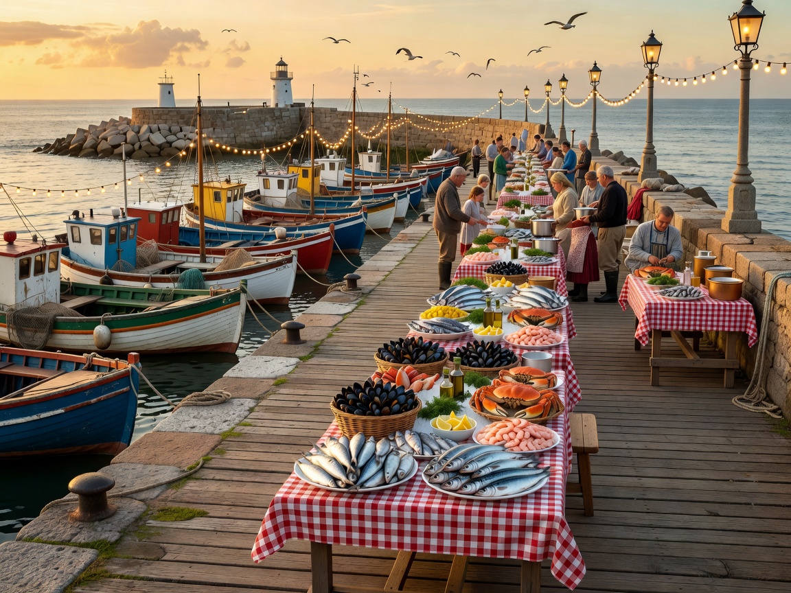 Fishing harbour prepared for a coastal seafood celebration