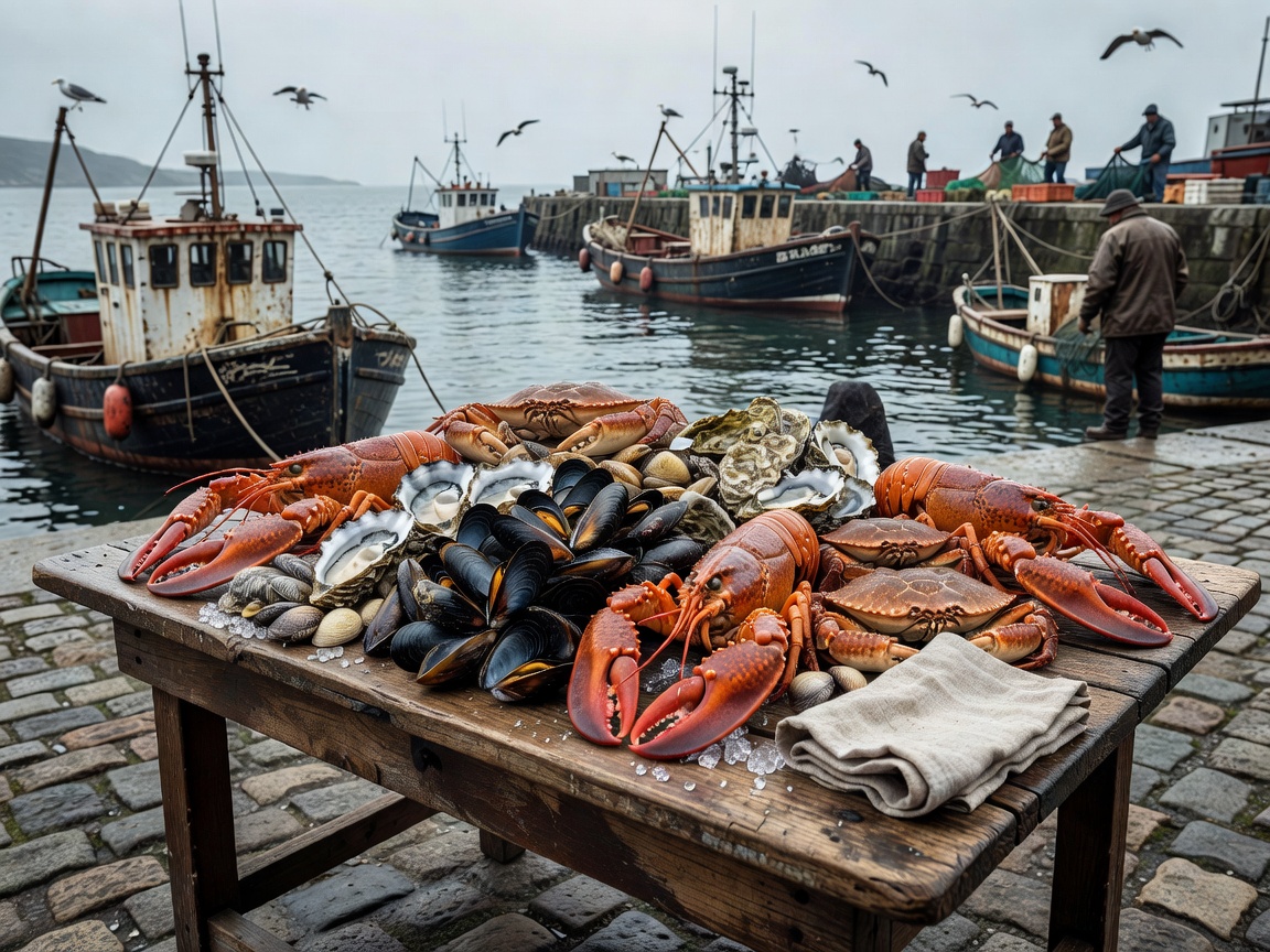 Fresh shellfish served beside a working harbour