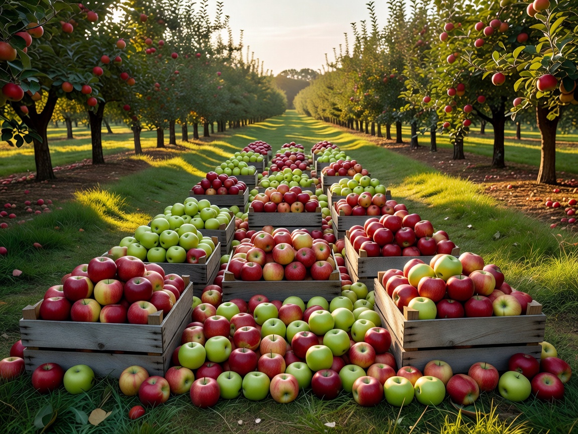 Harvested red and green apples arranged in an orchard
