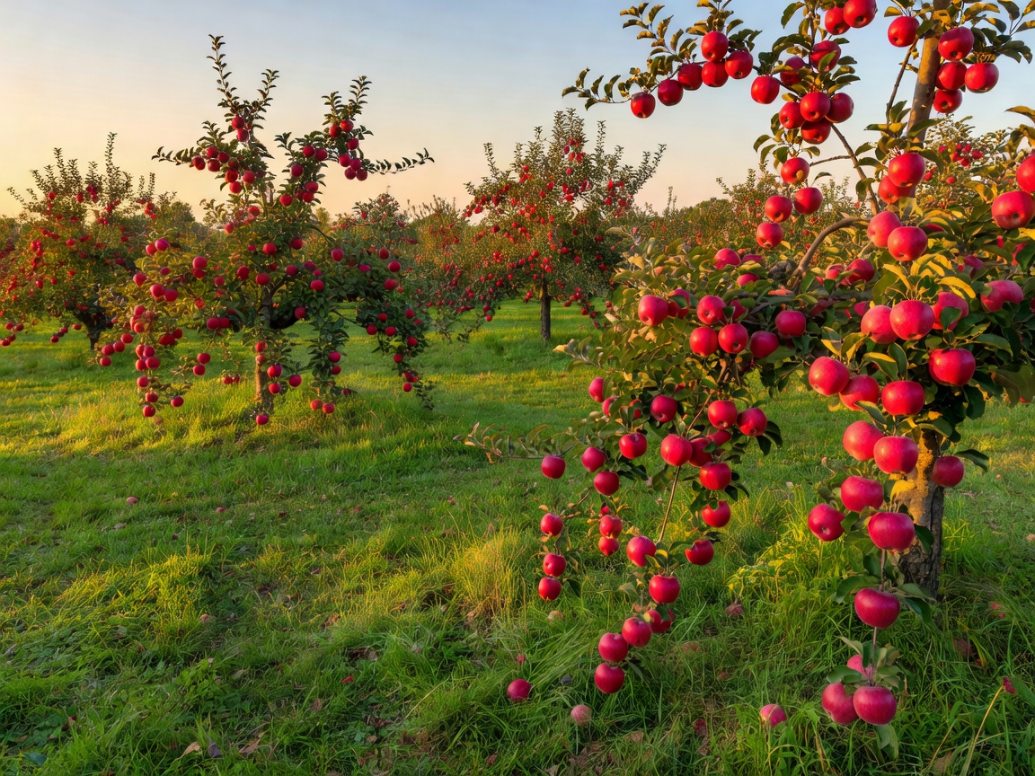 Red apples ready for harvest in an orchard