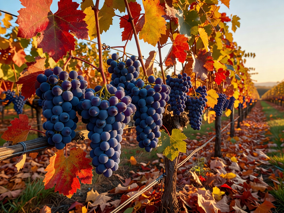 Ripe grapes hanging in an autumn vineyard