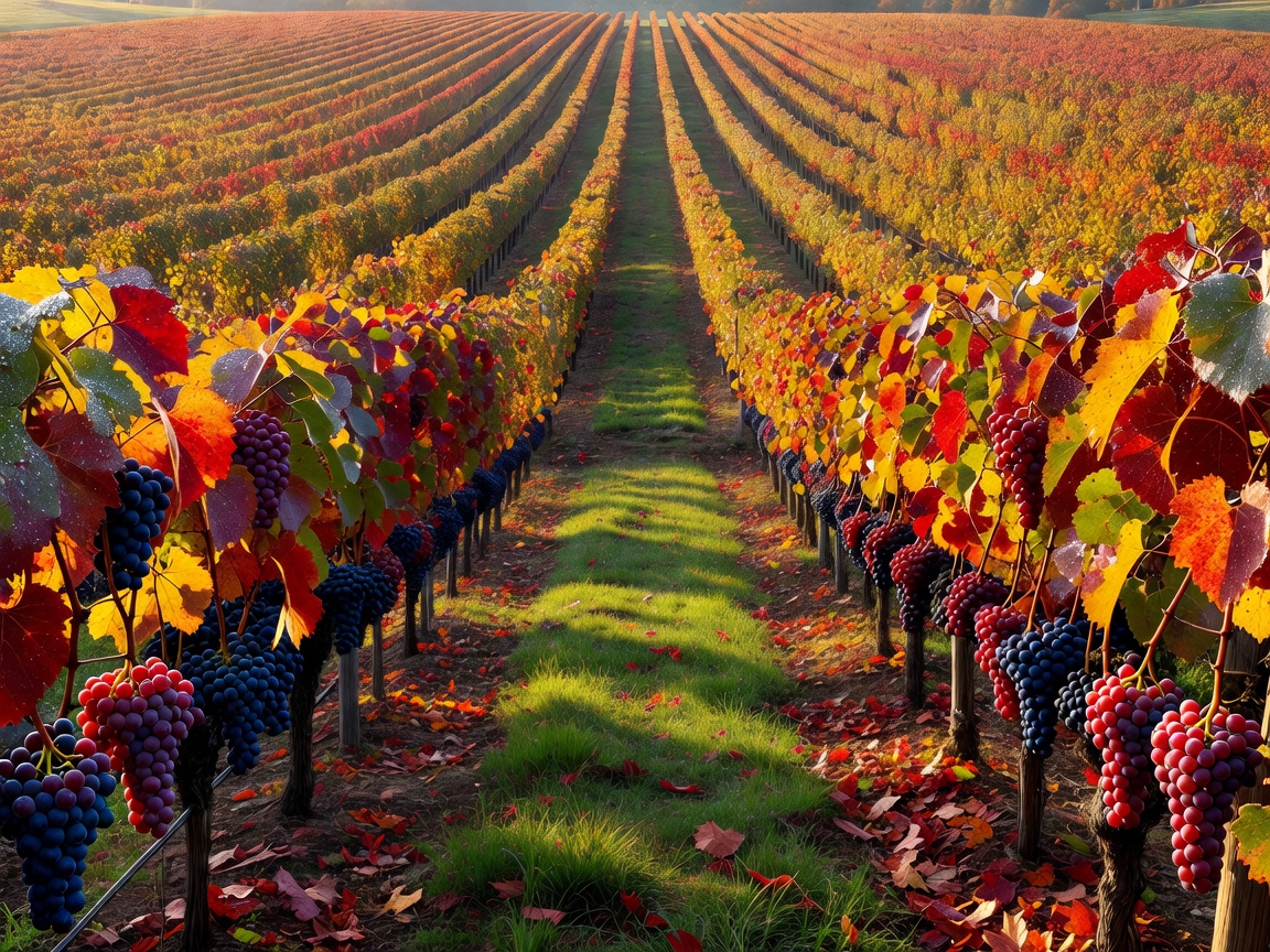 Rows of ripe wine grapes across an autumn vineyard