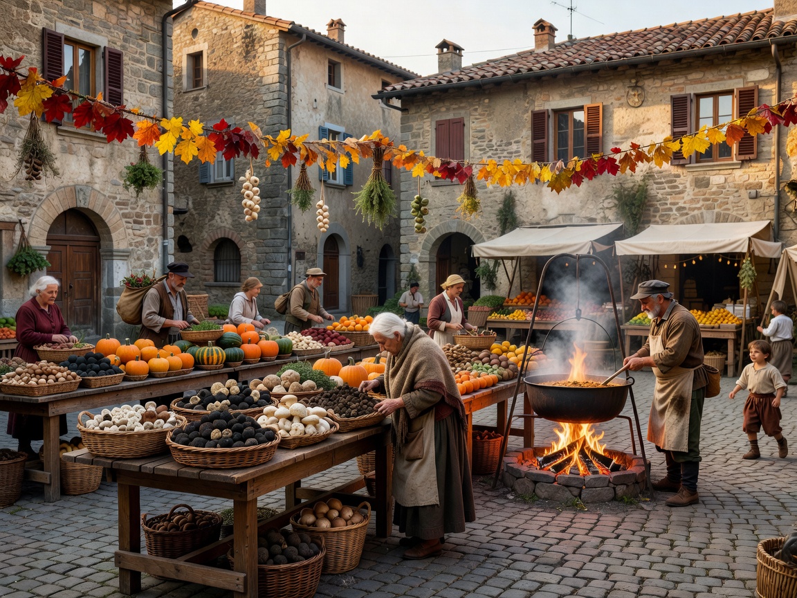 Rustic Italian market prepared for an autumn truffle festival