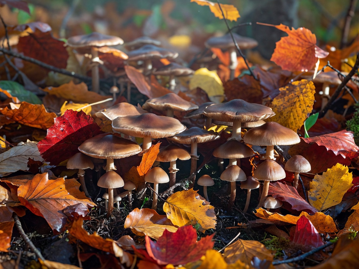 Wild mushrooms growing among leaves on a forest floor